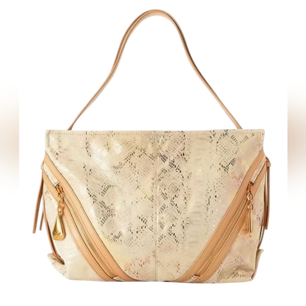 SHARIF Champagne Anaconda Tears Printed Leather Slouchy Tote Satchel